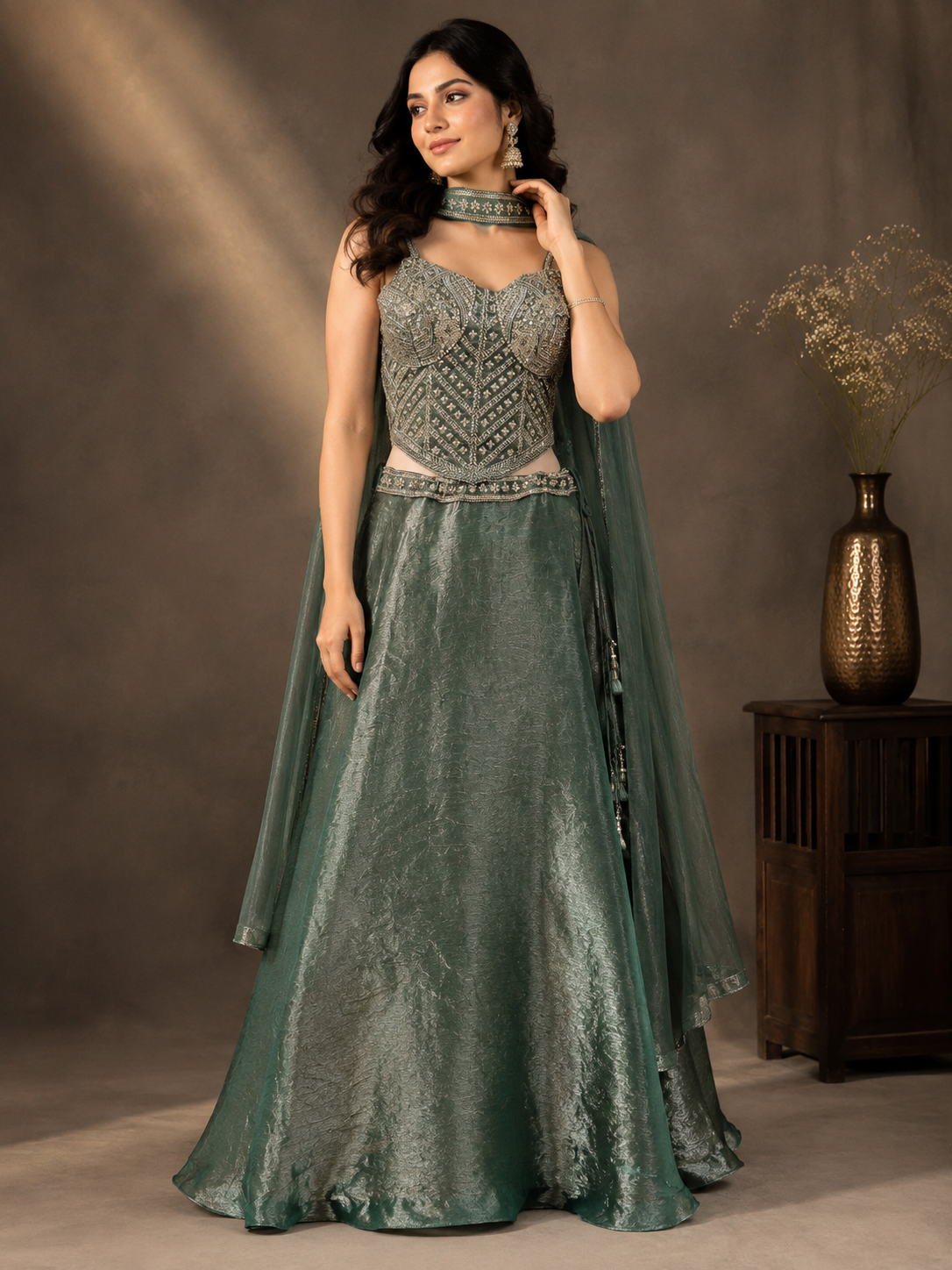Deep Sage Green Crushed Tissue Silk Lehenga Set with Embroidered Corset Blouse